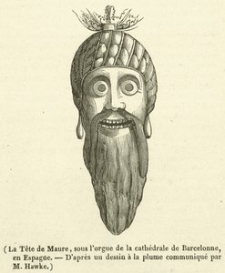 La Tete de Maure, pod varhany katedrály v Barceloně, ve Španělsku (rytina) od French School