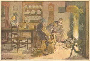 Rodinný večer (barevná litografie) od French School