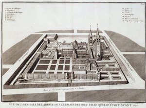 Opatství Saint Germain před rokem 1640 – v „“Historie opatství St Germain des Pres”” od Doma Jacquese Bouillarta, ed. Dupuis, Paříž od French School