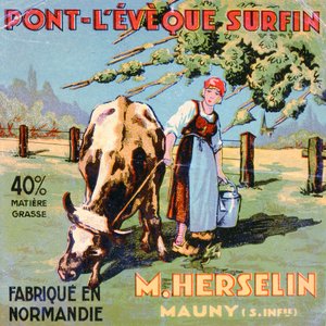 Štítek pro sýr Pont-LEveque vyrobený sýrařem M. Herselinem, počátek 20. století od French School
