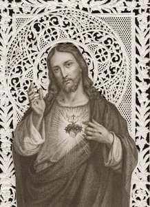 Krajková karta zobrazující Nejsvětější srdce Ježíšovo, 19. století (bw litho) od French School