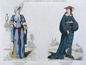 Dáma v roce 1498 za vlády Karla VIII. (1470-98), šlechtična v roce 1395 za vlády Karla VI. (1380-1422), od civilních a vojenských kostýmů Francouzů v průběhu staletí (color lith od French School