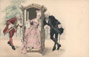 Dáma v sedacím křesle s mužskými obdivovateli (chromolit) od French School