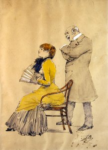 Dáma s vějířem a gentleman (akvarel, tužka a kvaš na papíře) od French School