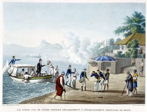 Přistání v portugalské osadě Dillé na ostrově Timor. od French School