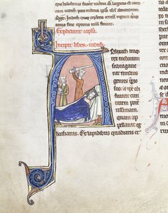 Velká historická iniciála „A“, zobrazující Juditu s mečem zdviženým nad spícím Holofernem, kolem 1200-1225 (hnědé, červené, bílé a modré inkousty na růžovém podkladu (vellum) s golem) od French School