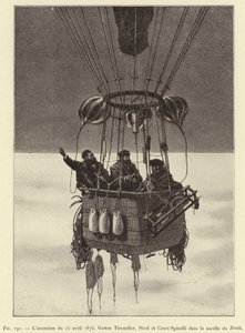 Výstup 15. dubna 1875, Gaston Tissandier, Sivel a Croce-Spinelli v koši Zenith (rytina) od French School
