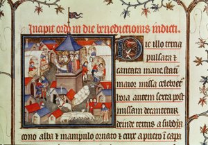 Lat 962 f.264 Miniatura biskupa žehnajícího výročnímu jarmarku nebo trhu konanému po dva týdny v červnu na pláních St. Denis, z pontifikálu, 1301-1400 od French School
