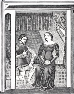 Launcelot a Guinevere, podle miniatury z rukopisu ze 14. století, z Science and Literature in The Middle Ages od Paula Lacroix pub. Londýn 1878 od French School