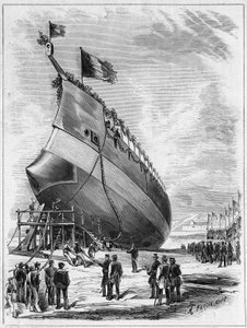 Spuštění obrněné lodi „“La Galissonniere“, 7. května 1872 v přístavu Brest, Finistere (29). Rytina v „“ Le Monde Illustré““ č. 789 z 25. května 1872. od French School