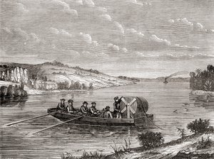 Položení telegrafního kabelu pod americkou řekou kolem roku 1860, z Les Merveilles de la Science, vydáno kolem roku 1870 (rytina) od French School