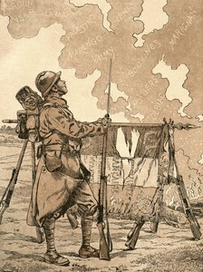 Le Bleuet. Symbol paměti a solidarity ve Francii pro veterány a oběti první světové války. 1. světová válka ilustrace francouzské propagandy evokující francouzská vítězství v průběhu věků. Z Agenda Buvard du Bon Marche publikované v roce 1917. od French School