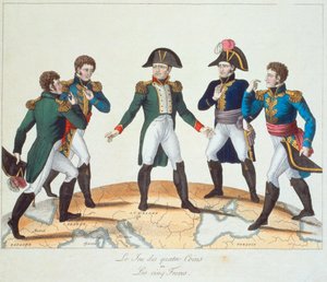 Le Jeu des Quatre Coins nebo Les Cinq Freres, karikatura Bonapartist zobrazující Napoleona a jeho bratry, 1808 od French School