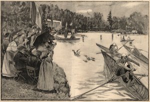Le Lendit de Paris: školní regata na Grand Lac du bois de Boulogne - rytina z roku 1894 podle kresby pana Lunela od French School