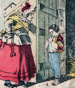 Le Pere Fouettard, francouzská postava pro bičujícího otce, legendární lidová postava trestající zlobivé děti: jeho žena, La Mere Fouettard, bičovací matka, která porodí kajícné děti - Epinal obrázek od French School