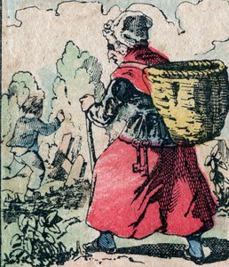 Le Pere Fouettard, francouzská postava pro bičujícího otce, legendární lidová postava trestající zlobivé děti: jeho žena, La Mere Fouettard, bičující matka, která pronásleduje děti a nechodí do školy - Epinal obrázek od French School