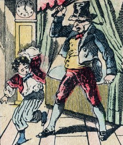 Legendární postava Le Pere Fouettard z folklóru, trestající nemoudré děti svým bičem a zavírání neposlušných dětí, obraz Epinal od French School