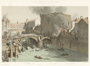 Petit-Chatelet a Petit-Pont, po požáru 27. dubna 1718 od French School
