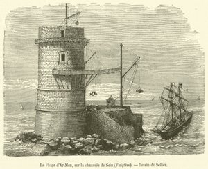 Maják Ar-Men, na Chaussée de Sein, Finistere (rytina) od French School