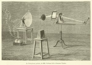 The Talking Photophone, pánové Graham Bell a Summer Tainter (rytina) od French School