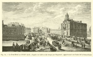 Pont-Neuf v 18. století, podle malby z té doby od Ragueneta, patřící k lázním Samaritaine od French School