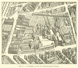 Chrám, v roce 1734; faksimile Turgotova plánu od French School