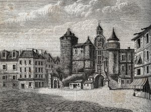 Le Vieux Paris – le Grand Chatelet – rytina do „“fyzických, občanských a morálních dějin Paříže: od nejstarších historických dob až po současnost“ od Jacquese Antoine Dulaure od French School