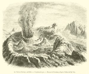Sopka Antujo, Chile, erupce plynu (rytina) od French School