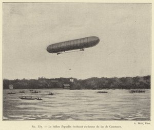 Zeppelinův balón letící nad Bodamským jezerem (rytina) od French School