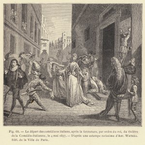 Odchod italských herců, po uzavření, na příkaz krále, z divadla Comedie-Italienne, 4. května 1697 (rytina) od French School