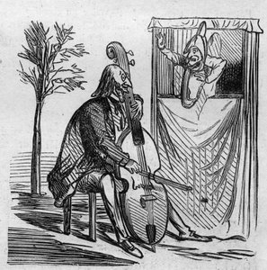 Maestro Offenbach monopolizuje svou hudbou všechna pařížská divadla. Německý naturalizovaný francouzský skladatel Jacques Offenbach (1819-1880) hrající na violoncello. Cham karikatura. Rytina v ""Le Monde Illustre"" č. 499 z 3. listopadu 1866. od French School