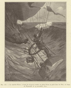 Námořník Prince na palubě Jacquardu spadne uprostřed oceánu a zahyne ve vlnách u Plymouthu, 29. listopadu 1870 (rytina) od French School