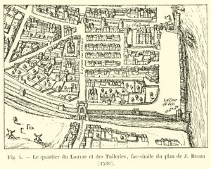 Čtvrť Louvre a Tuileries, faksimile plánu J Brauna, 1530 od French School