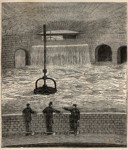 Le lake de Montsouris (reservoir de la Vanne), jedna z pěti hlavních vodních nádrží v Paříži - rytina v „“ Vědy přenesené na vrchol všech – fyzika a chemie““ od Alexise Clerca – konec 19. století – soukromá sbírka od French School