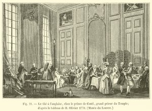 anglický čaj s princem z Conti, velkopřevorem chrámu; podle obrazu B Oliviera 1770, muzeum Louvre