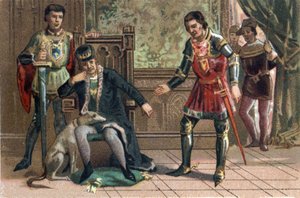Liga veřejného dobra: Král Ludvík XI. se v Peronne, vévoda z Burgundska, setkává s Karlem Temerairem. Chromolitografie kolem roku 1890. od French School