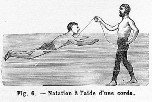 Učíme se plavat pomocí šňůry, hospoda. 1885 rytina, 1885. od French School