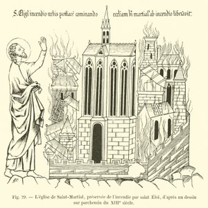 Kostel Saint-Martial, chráněný před požárem Saint Eloi, po kresbě na pergamenu ze 13. od French School