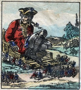 Lemuel Gulliver, vězeň je přepravován na vozíku taženém liliputány. Ilustrace pro „“ Gulliver