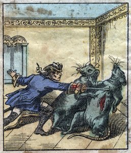 Lemuel Gulliver bojuje s krysami v zemi obrů Brobdingnag. Ilustrace pro „“ Gulliver