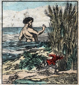Lemuel Gulliver se skrývá před obrem v Brobdingnagu. Ilustrace pro „“ Gulliver