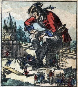 Lemuel Gulliver sedící na hradbě městského opevnění vysvětluje strategii liliputánské armádě. Ilustrace pro „“ Gulliver