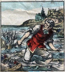 Lemuel Gullliver vypálil lodě Blefuscovy armády do hlavního přístavu Lilliput. Ilustrace pro „“ Gulliver