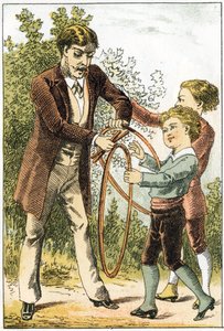 Leon a Lucien se naučili dobře číst a stali se z nich malí vědci - jejich rodiče jim za odměnu koupili pěkné obroučky - v „Alphabet des petits savants“, konec 19. století (chromolitograf) od French School