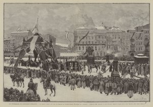 Pohřeb císaře Viléma, Korzár procházející pod triumfálním obloukem na Friedrichstrasse, Promenade des Tilleuls (rytina) od French School