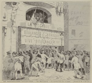 Les Manifestations Boulangistes, Rue Montmartre, La distribution des cocardes (rytina) od French School