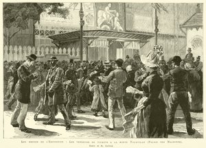 Okolí výstavy, Prodejci vstupenek u brány Tourville, Palais des Machines, Kresba M Guilliod (rytina) od French School
