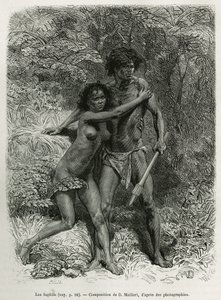 Les fugitives aborigenes, rytina podle kresby D. Maillarta k ilustraci příběhu Šest měsíců v Austrálii, Desire Charnay, misijní úkol ministerstva veřejného vzdělávání, v roce 1878, vydáno v Tour du monde, pod vedením řed. od French School