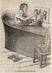 Gesta při koupání - Hygiena v 19. století - muž ve vaně - rytina v „La Sante Universelle - Guide Medical des Familles“ 1852 od French School