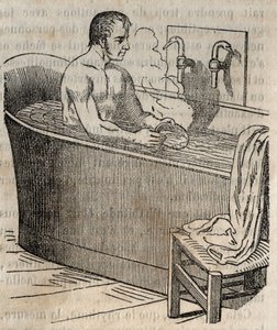 Gesta při koupání - Hygiena v 19. století - muž ve vaně - rytina v „La Sante Universelle - Guide Medical des Familles“ 1852 od French School